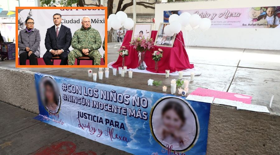 Omar García Harfuch y elementos de seguridad de México en recuadro a la izquierda, dondo de homneaje en escuela primaria a niñas que perdieron la vida en enfrentamiento
