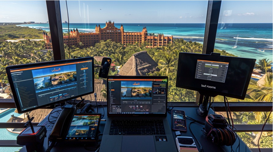 Monitores de computadora encendidos, atrás un paisaje como de hotel y playa al fondo