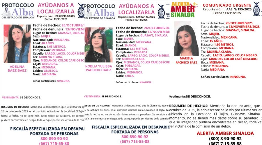 Fichas de búsqueda de Adelina y sus dos hijas Mariela y Noelia en Guasave