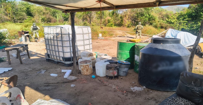 Narcolaboratorio: tambos donde se encuentran sustancias ilicitas en un campo de tierra