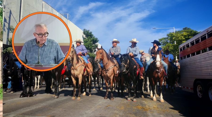 hombres en cabalgata en calle (fondo), Rubén Rocha Moya (circulo)