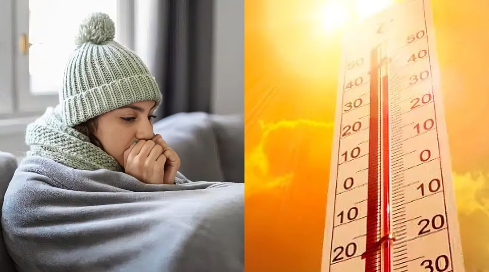 Mujer envuelta en cobija y con gorro verde, colocando sus manos sobre la cara para mantenerse caliente (lado izquierdo), fondo naranja con nubes y el sol arriba con un termómetro grande que marca arriba de los 40 grados (lado derecho)