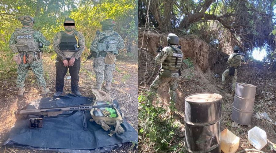 Elementos del ejercito con el gatillero detenido, el arma y otros objetos asegurados