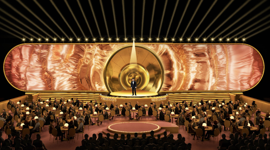 Escenario de los premios Grammy con personalidades y un presentador