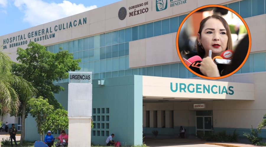 De fondo se muestra el Hospital General de Culiacán y en circulo de lado derecho a la fiscal general del Estado, Claudia Zulema Sánchez Kondo, en entrevista con medios de comunicación este 7 de noviembre en Culiacán