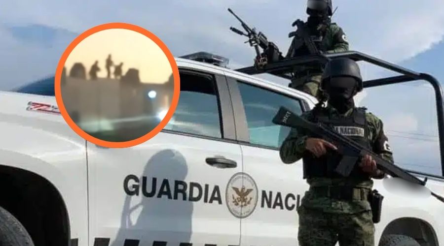 Hombres armados arriba de una casa y una unidad de Guardia Nacional
