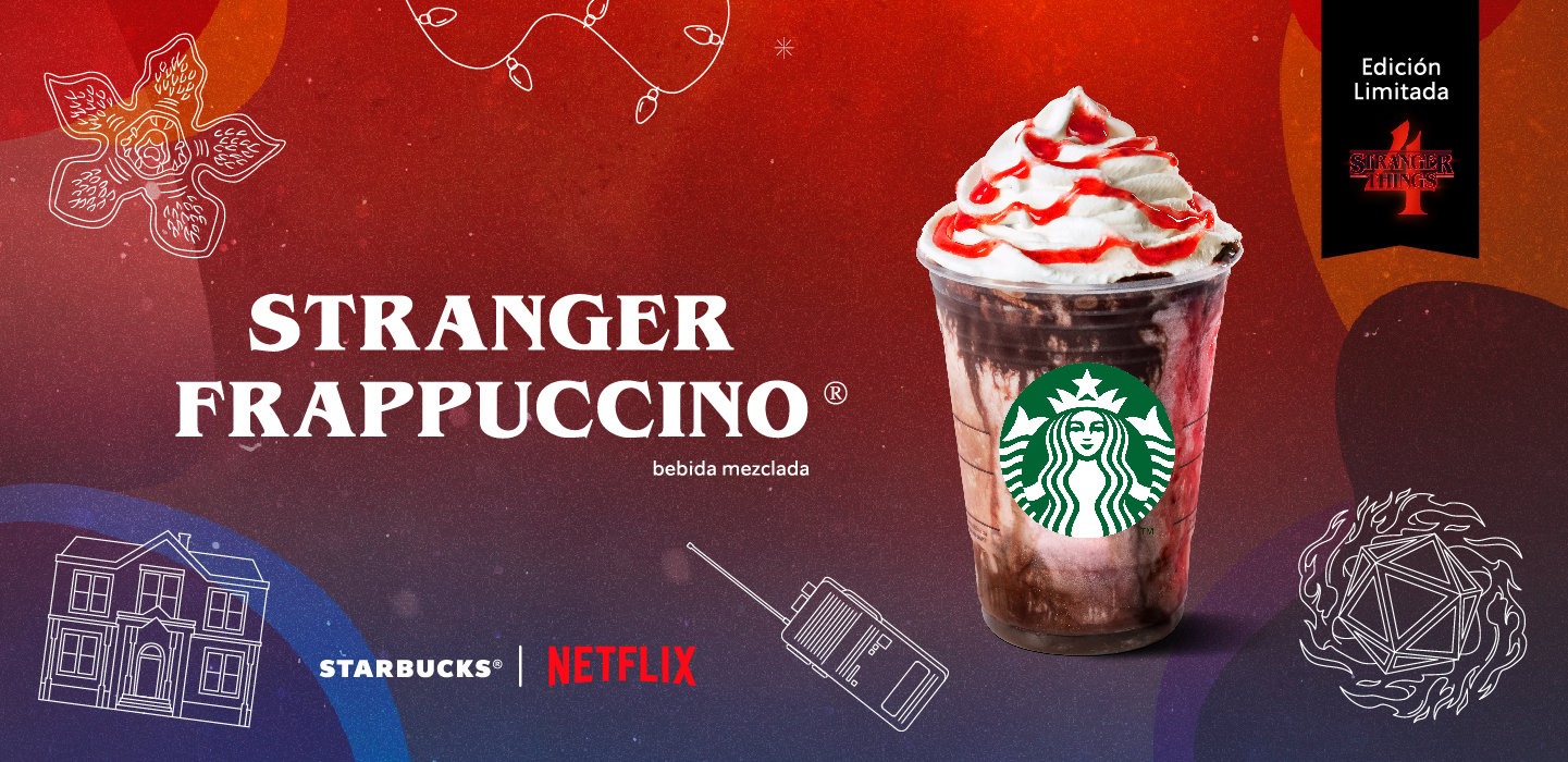 Capuchino Stranger things en un fondo rojo con morado