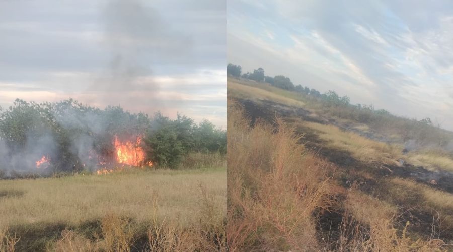 Baldío tipo campo incendiado con partes ya quemadas