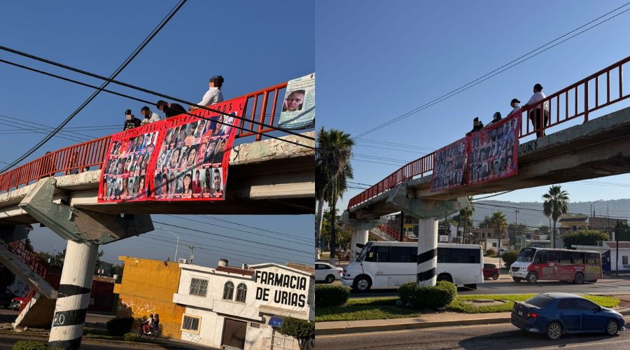 Personas en un puente peatonal en Mazatlán colocando una lona de personas desaparecidas en Mazatlán