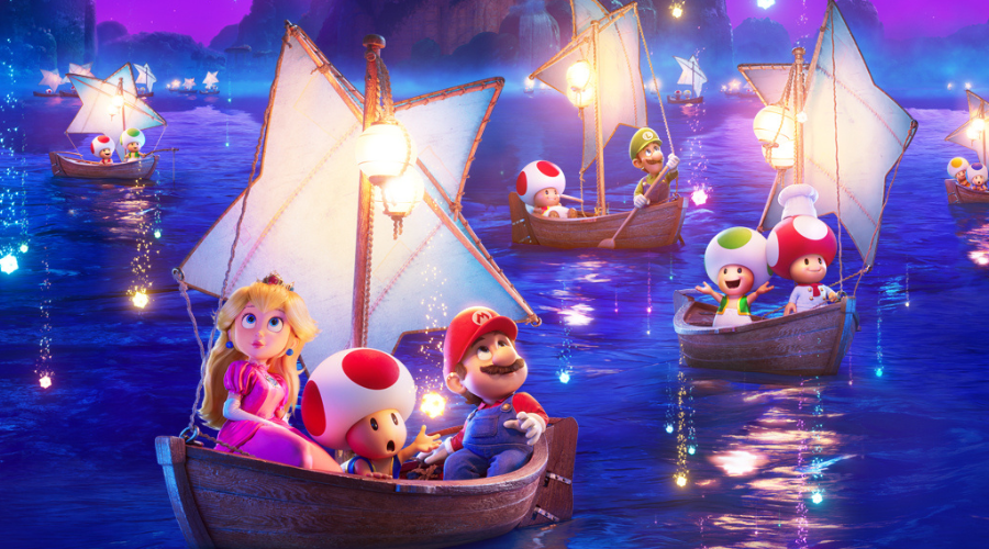 Mario, la princesa Peach en un barco junto con estrellas