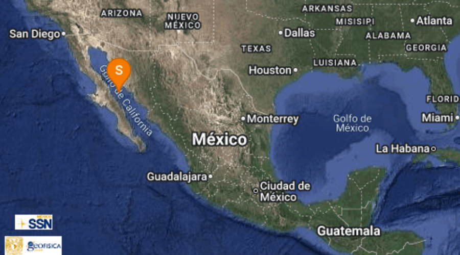 Mapa del terrotorio mexicano con reporte de sismo en Baja California Sur