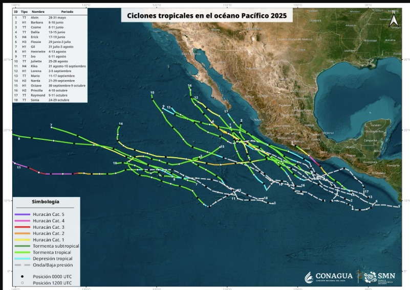 Imagen satelital de México con el recorrido de cada ciclón registrado en el Pacífico en la temporada 2025