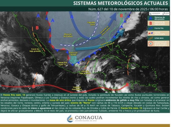Imagen satelital de México indicando los sistemas meteorológicos activos en México