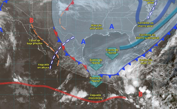 Imagen satelital de México indicando los sistemas meteorológicos activos en México