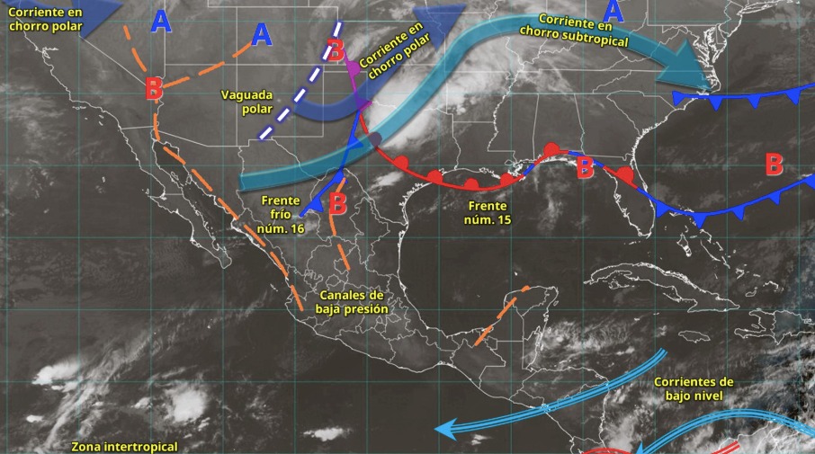Imagen satelital de México indicando los sistemas meteorológicos activos en México