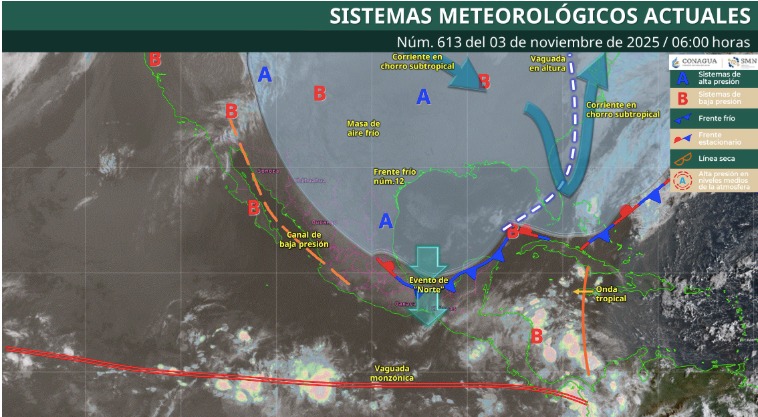 Mapa de sistemas meteorológicos activos este lunes 3 de noviembre de 2025 en México. SMN.