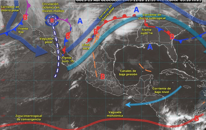 Imagen satelital de México indicando los sistemas meteorológicos activos en México