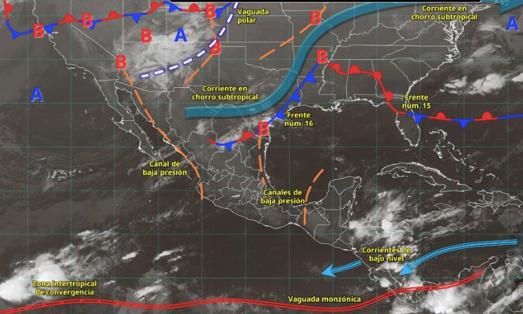 Imagen satelital de México indicando los sistemas meteorológicos activos en México