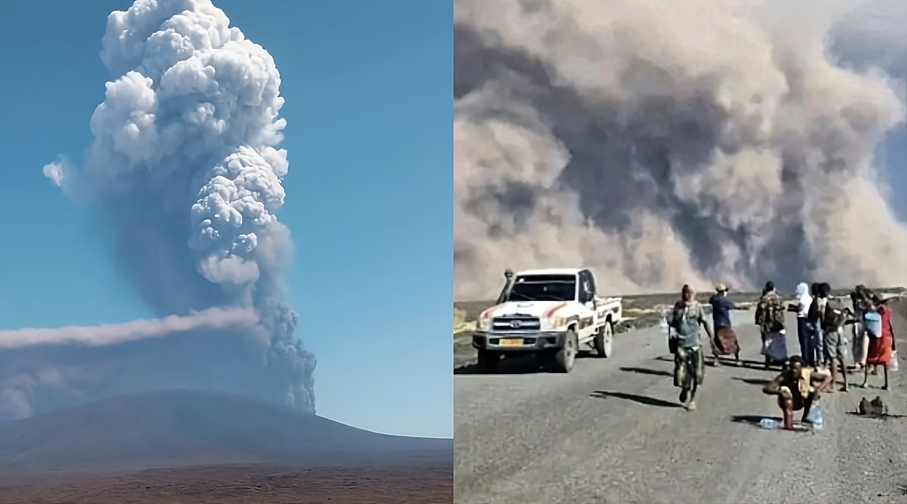 Imagenes de un volcán haciendo erupción, en la segunda imagen se ven personas asombradas por la magnitud del evento