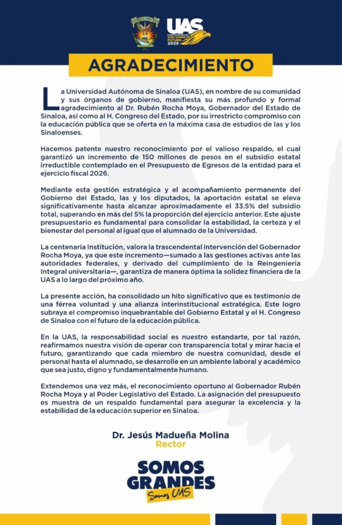 Agradecimiento de la UAS por la realización de la mesa de diálogo 