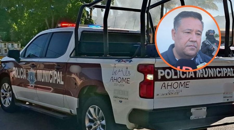 Camioneta de la policía municipal de Ahome junto a Carlos Francisco Rodríguez Ponce, Secretario de Seguridad Pública en Ahome