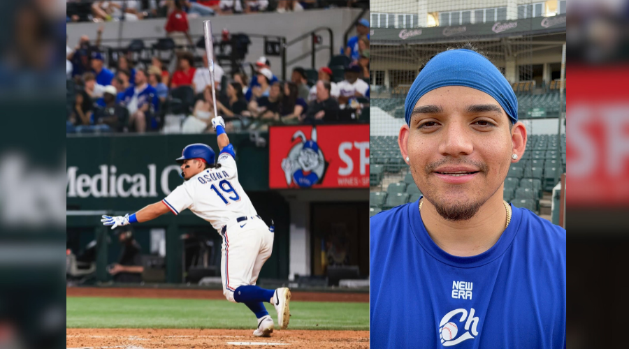 Alejandro Osuna a la izquierda haciendo swing con los rangers de texas y a la derecha dando entrevista para Línea Directa con uniforme de los charros de jalisco