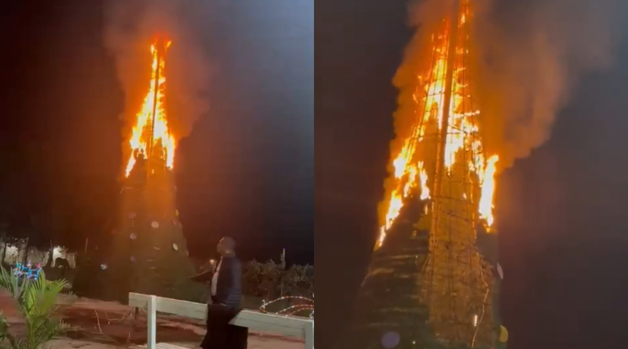 Árbol de Navidad incendiándose en Guasave por el uso de pirotecnia.