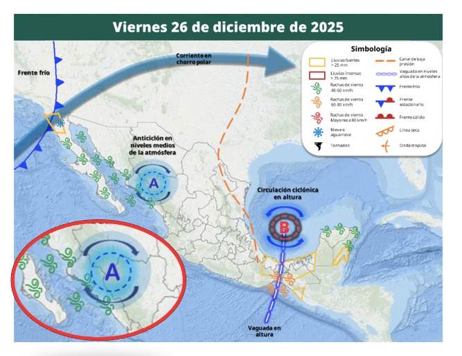 Imagen satelital de México que representa la probabilidad de tormentas