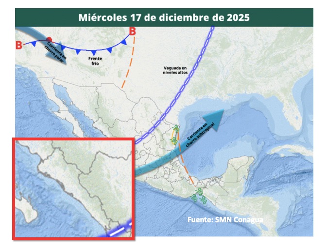 Imagen satelital de México que representa la probabilidad de tormentas
