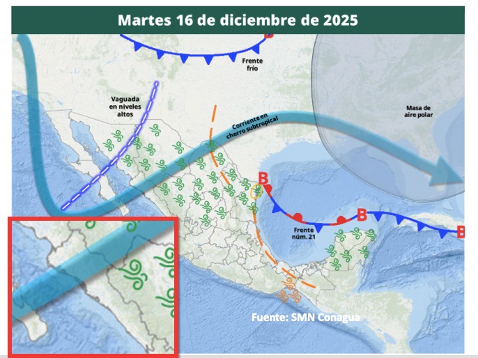 Imagen satelital de México que representa la probabilidad de tormentas