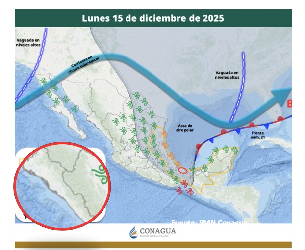 Imagen satelital de México que representa la probabilidad de tormentas