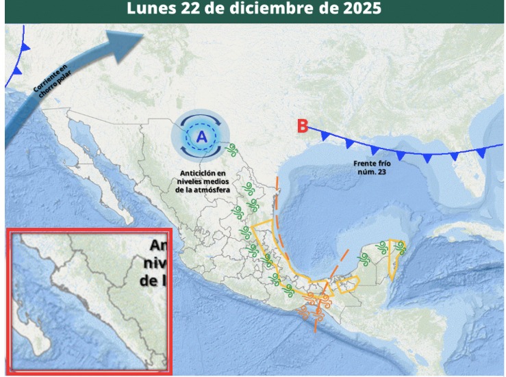 Imagen satelital de México que representa la probabilidad de tormentas