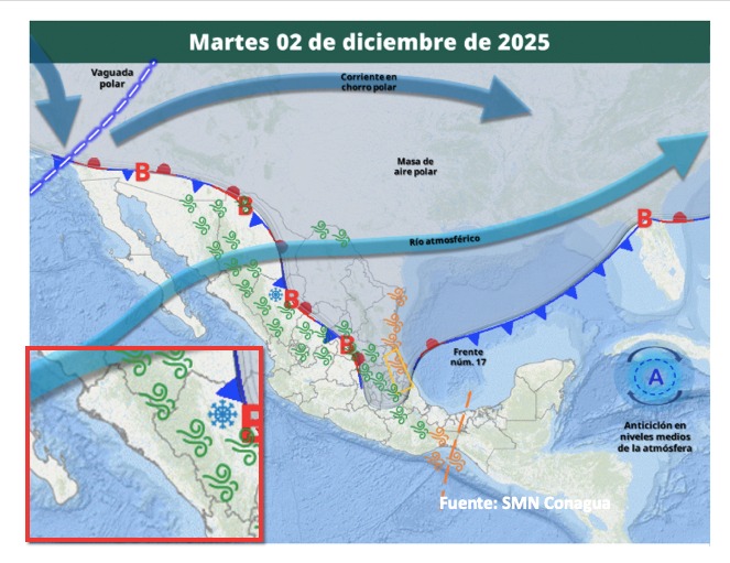 Imagen satelital de México que representa la probabilidad de tormentas