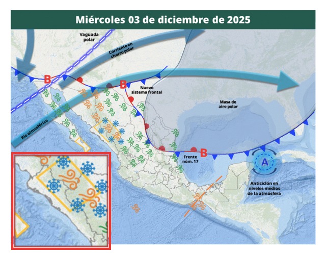 Imagen satelital de México que representa la probabilidad de tormentas