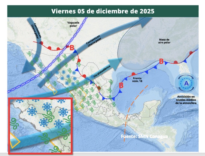Imagen satelital de México que representa la probabilidad de tormentas