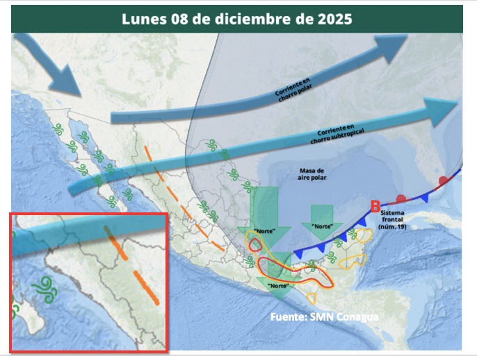 Imagen satelital de México que representa la probabilidad de tormentas