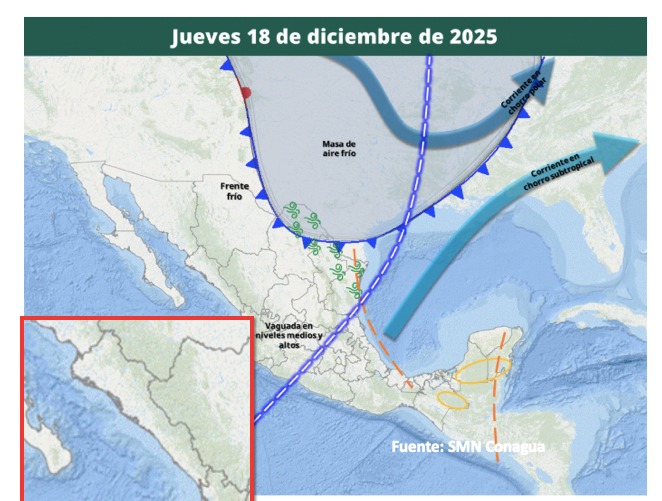 Imagen satelital de México que representa la probabilidad de tormentas