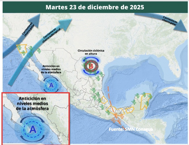 Imagen satelital de México que representa la probabilidad de tormentas