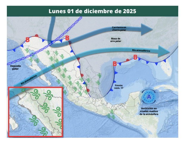Imagen satelital de México que representa la probabilidad de tormentas