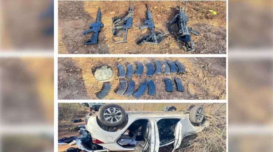 Dron, cartuchos y un vehículo volcado
