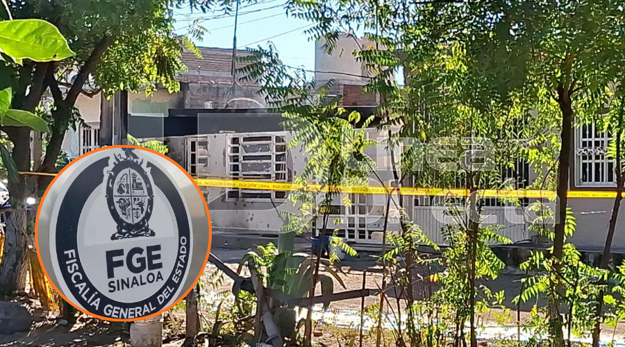 En grande casa de Mazatlán acordonada después de un ataque a balazos, en un circulo el logotipo de la FGE