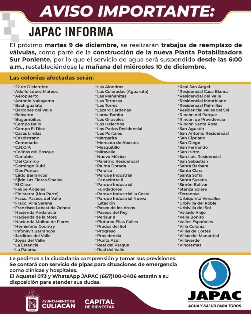 Aviso de suspensión de agua con la lista de las colonias afectadas