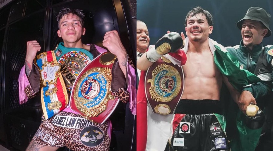 Dos boxeadores con los cinturones después de su pelea