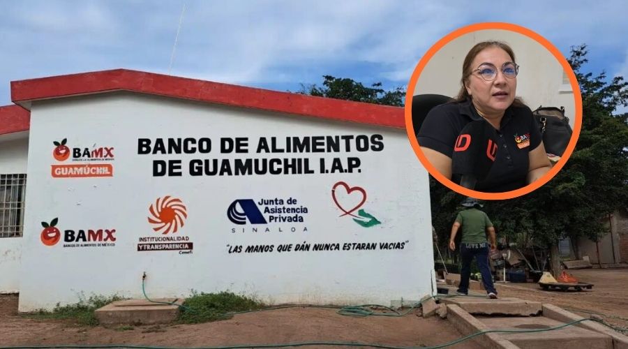 Fachada del Banco de Alimentos de Guamúchil junto a Yajaira Cecilia López Camacho, directora de la institución