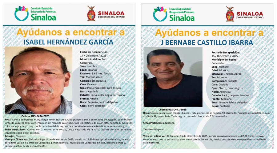 Fichas de búsqueda de Isabel y Bernabé, desaparecidos en concordia