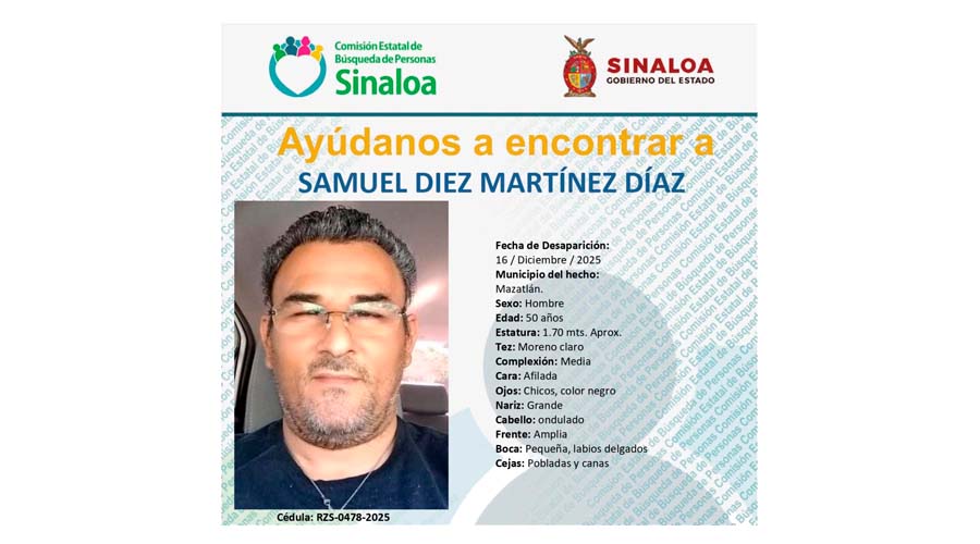 Ficha de búsqueda de Samuel Martínez, privado de la libertad en Mazatlán