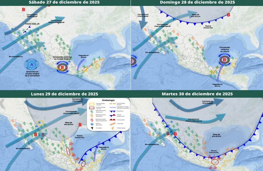Mapa satelital de México con flechas indicando el clima