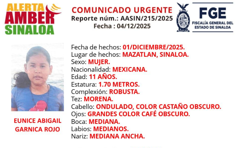 Fiscalía lanza ficha de búsqueda para localizar a Eunice Abigail desaparecida en Mazatlán