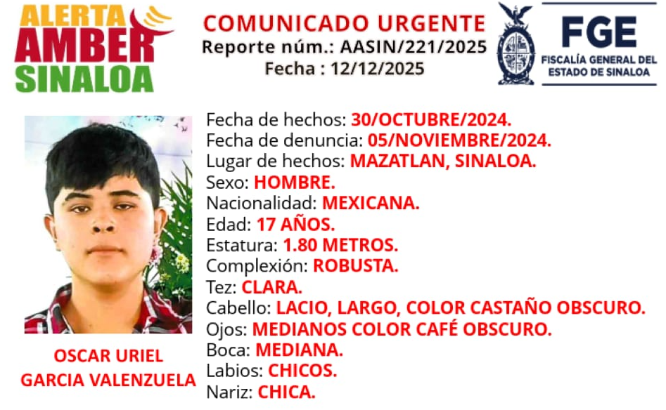 Buscan a Oscar Uriel, de 17 años, desaparecido en Mazatlán; lanza Fiscalía ficha de Alerta Amber