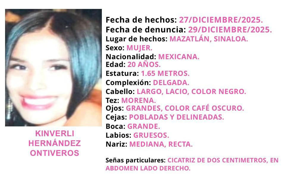 FGE lanza alerta Protocolo Alba por la desaparición de la joven Kinverli, en la ciudad de Mazatlán